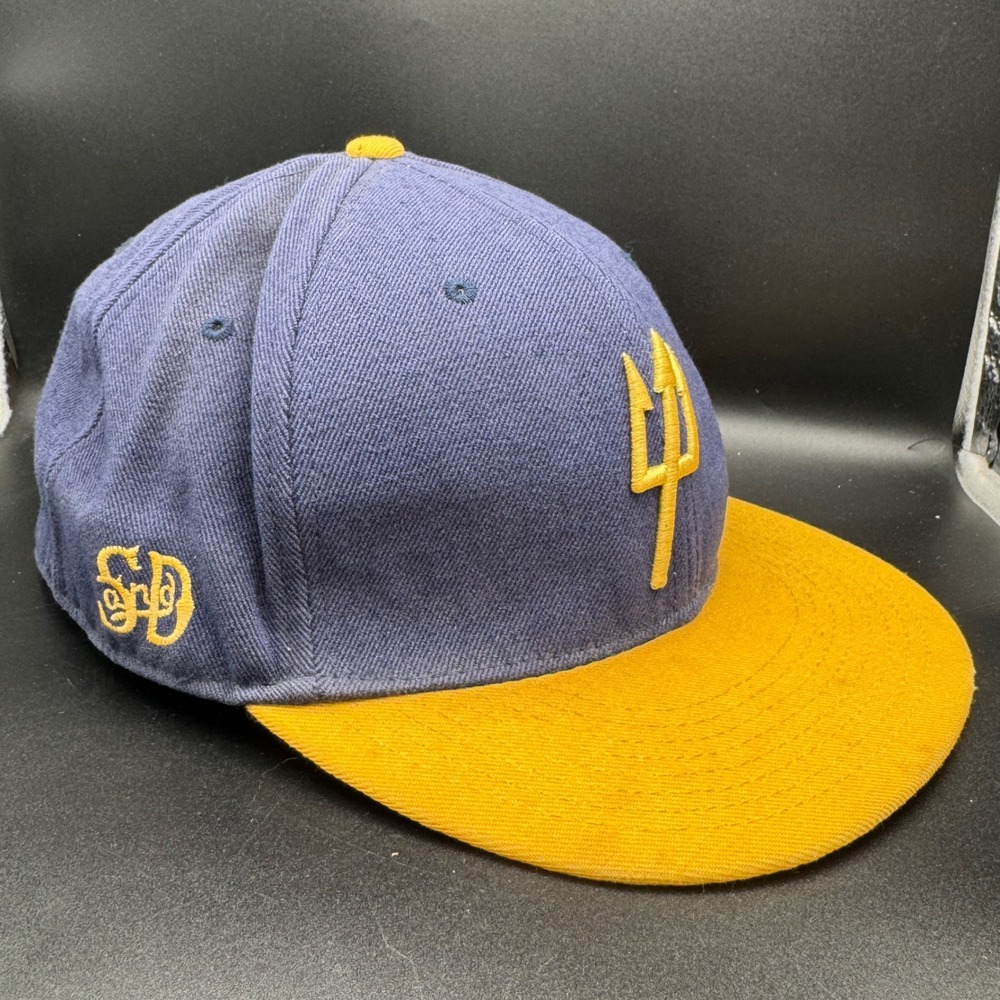 Stall & Dean San Diego Trident Fitted Hat Size 8 Navy Gold Vintage Throwback